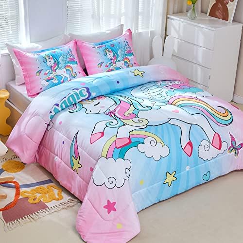 YIYEA Full Size Comforter Sets for Girls - 3 Piece Brushed Microfiber Unicorn Kids Bedding Set for Teen Girls, Soft, Comfortable, and Machine Washable, Suit for All Season (Blue/Pink, Full)