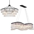 Wellmet Black Crystal Chandelier, Farmhouse Chandelier for Dining Room, Round Linear Crystal Teardrop Chandelier Light Fixture Linear for Bedroom, Kitchen Island, Hallway, Living Room