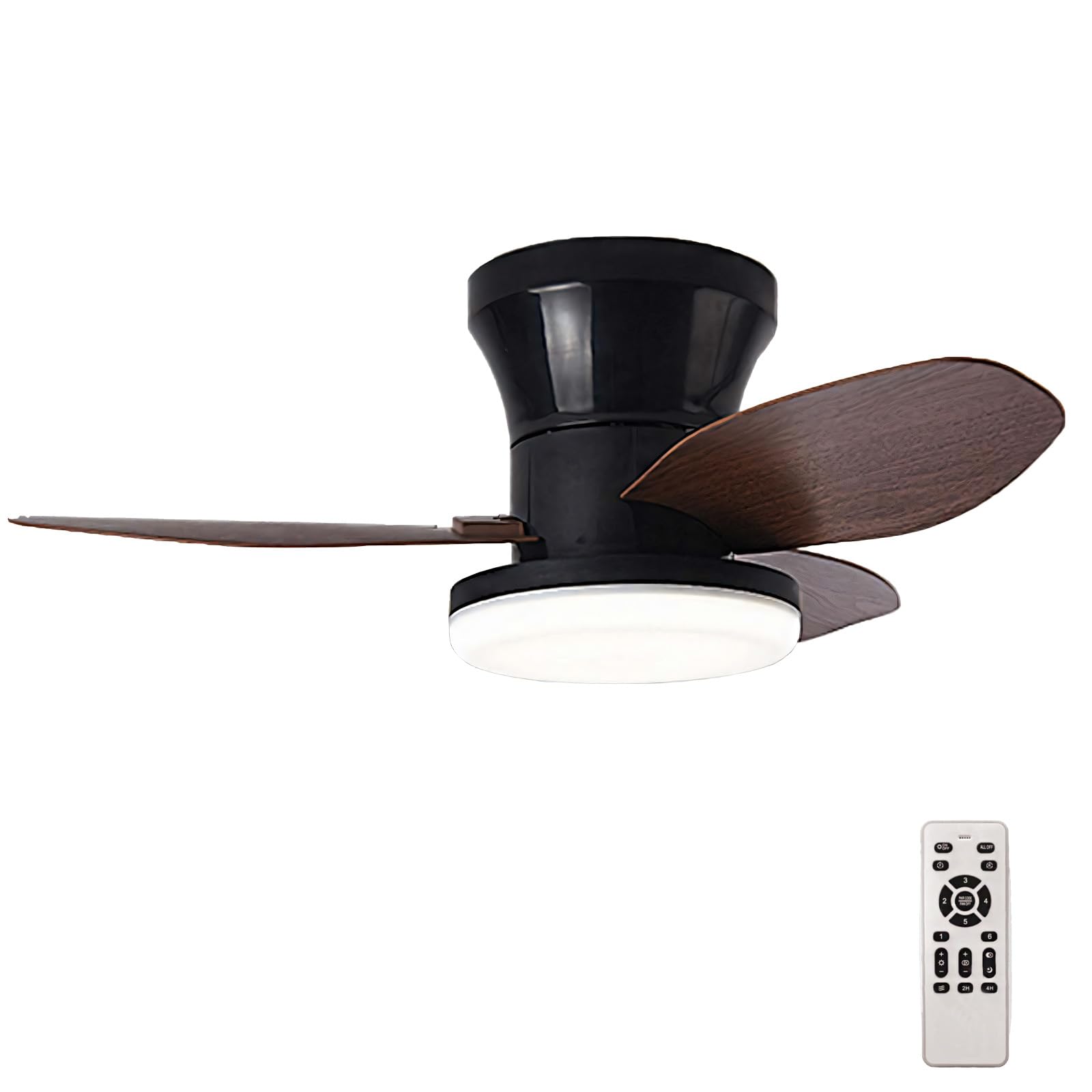 Ceiling Fans with Lights and Remote Control LED Silent Fan Light Dimmable Reversible Modern Light Fan Ceiling Smart Indoor 3 Blades Flush Mount for Bedroom, Living Room, Lounge, Black Wood||65cm