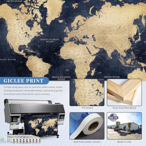 Image of IPIC - Vintage Teal World Map Pin Board Canvas Wall Art, Travel Map with Pins Included, Ready to Hang for Home or Office 40x30 Inch