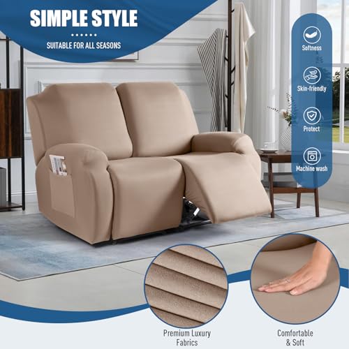 Image of TAOCOCO Recliner Loveseat Slipcover, 2 Pieces Polyester Fabric Stretch Sofa Covers for 2 Seat Reclining Couch, Soft Washable Furniture Protector with Pockets (2 Seat, Khaki)