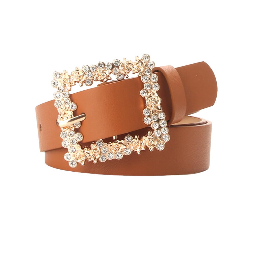 Katutude Women's Leather Belt Sparkling Rhinestones Metal Buckle Fashion Leather Belt Soft PU Leather Belts for Jeans