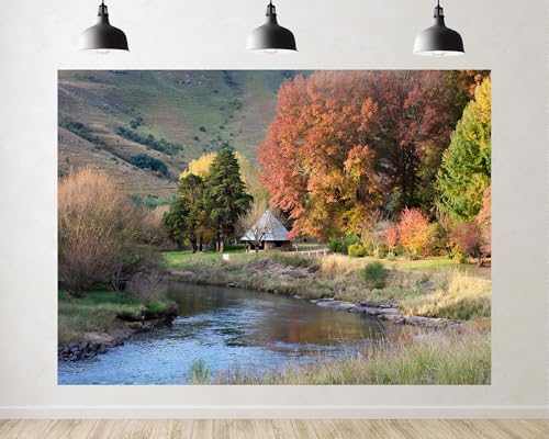 Trykid 6x4ft Autumn River Cabin Forest Backdrop Fall Foliage Countryside Hills Photography Background Thanksgiving Gathering Farm Wedding Party Decoration Tapestry Photo Booth Prop Fabric