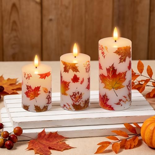 Image of JOIONE Maple Leaf Flameless Pillar Candles with Remote, 3 Pack Fall Decor | Battery Operated LED, Maple Leaf Design, Real Wax, Remote Control, Warm Flickering Glow, Safe Fall Home & Party Decor