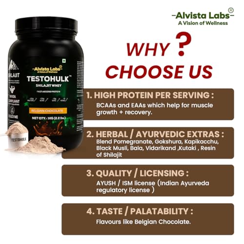Image of Alvista Labs Testohulk Shilajit Whey Protein | 25g Protein | 250mg Shilajit | 5.5g BCAA | Belgian Chocolate | 1kg (2.2 lb) | Faster Absorption | Digezyme Blend | WADA Compliant