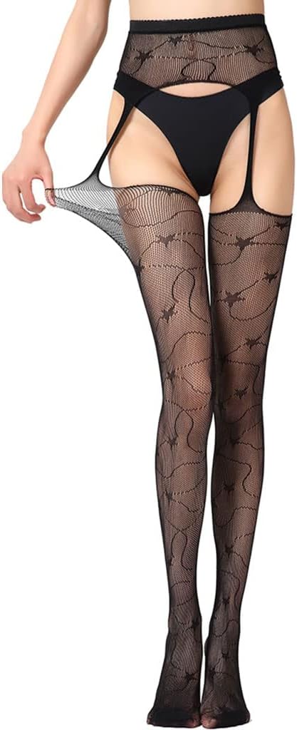 Black Suspender Fishnet Stockings, Sexy Lingerie One-Piece Suspenders, Long Lace Stockings for Women 2 Pairs