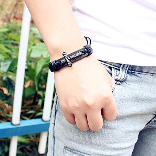 Pulseira Couro Masculina Pingente Cruz Pai Nosso Bracelete