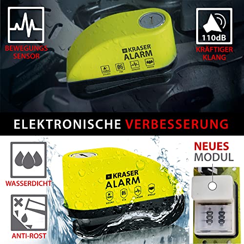 KRASER WA6Y Bremsscheibenschloss mit Alarm 110 dB, Verstärkt, 3 Schlüssel (2 Ersatz) Hochsicherheits Motorrad Schloss, Wasserdicht,1.5m Rückrufkabel, Tasche, Universal Motorradschloss, Fahrradschloss