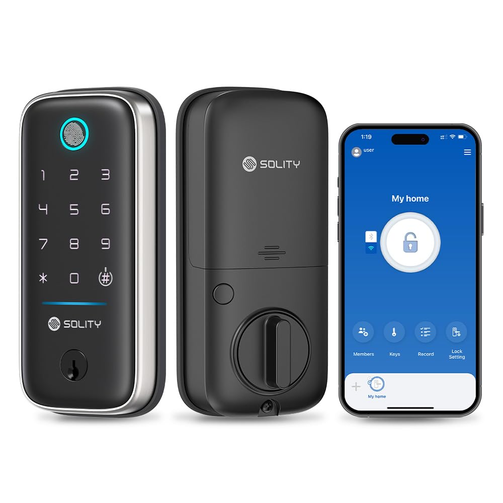 GT5BK Smart-Schloss - 4-in-1 schlüsselloses Türschloss mit Fingerabdruck, App, PIN und Schlüssel - ANSI Grade 3, Alexa & SmartThings kompatibel - Wetterfestes WLAN-Schloss für Haustür - SOLITY (Satin