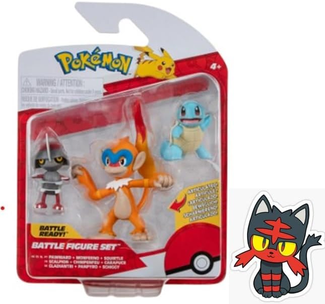 Pokemon Clip n Go Battle Feature Figure Set Multi-Pack Action Ready Pack Plus Bonus Sticker (Pawniard Monferno and Squirtle)