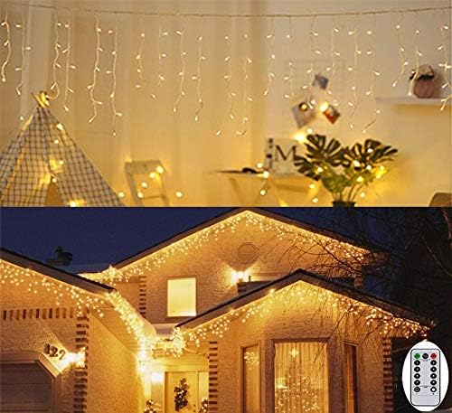 3M Outdoor Icicle Lights Christmas Window Curtain Light Outside Ice Lights Battery Powered Hanging Fairy Light Twinkle Light for Indoor Room Gazebo Decor(Warm White)