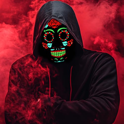 LED Day of the Dead Mask, Light Up Halloween Mask 3 Lighting Modes dia de los Muertos Sugar Skull Mask for Adults Men Women