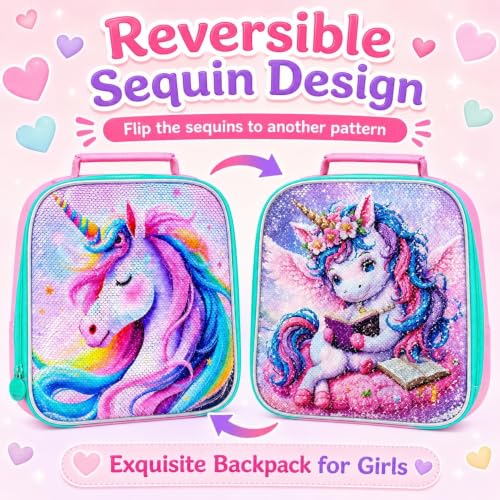 Image of CCJPX 3Pcs Unicorn Backpack for Girls, 16 inch Sequin Bookbag with Lunch Box, Lightweight Toddler School Bag for Elementary Kindergarten Preschool (Pink)