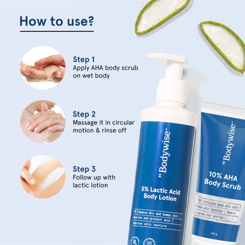 Image of Be Bodywise 10% AHA Body Scrub (200g) & 5% Lactic Acid Body Lotion (200ml) | With Aloe Vera, Oats & Cica Extract | Exfoliates Skin, Reduces Tan, Ingrown Hair & Reduces Appearance Of Strawberry Legs