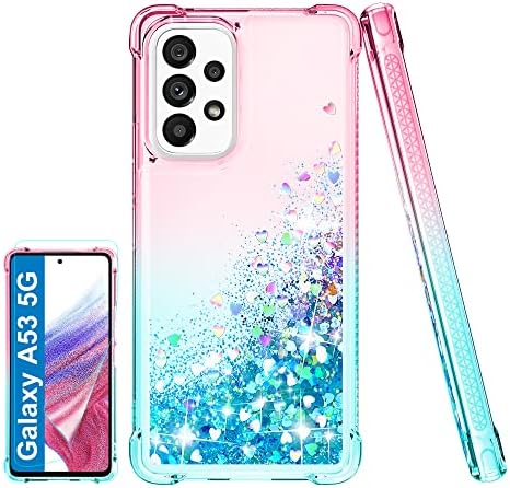 Compatible with Galaxy A53 5G Case with Screen Protector, Clear Liquid Glitter Soft TPU Bumper Cover Transparent Girly Protective Phone Case for Samsung Galaxy A53 5G,Pink/Teal