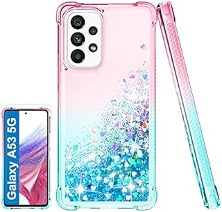 Compatible with Galaxy A53 5G Case with Screen Protector, Clear Liquid Glitter Soft TPU Bumper Cover Transparent Girly Protective Phone Case for Samsung Galaxy A53 5G,Pink/Teal