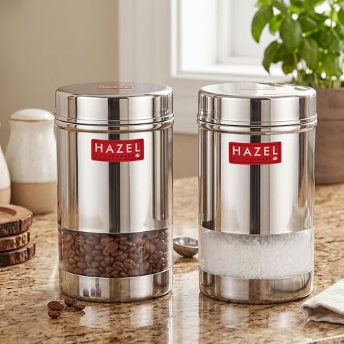 Image of HAZEL Stainless Steel Transparent Wide Mouth See Through Container, Silver, Set of 2, 600 Ml