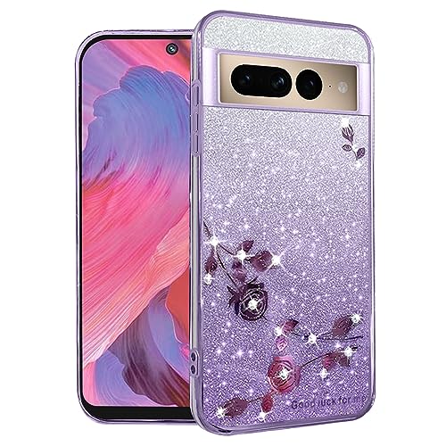 Coque Pixel 7 Pro anti-choc et silicone souple violet à paillettes floral
