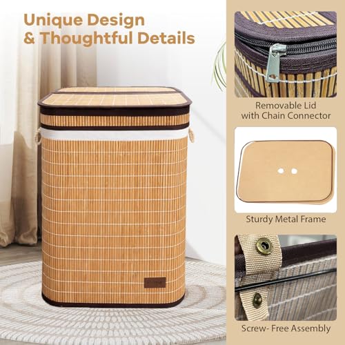 Image of Amazon Brand - Umi Rectangle Bamboo Laundry Basket for Clothes with Chain Lid | Eco-Friendly, Foldable & Lightweight Organizer (Natural, 40x30x60 cm, Pack of 1)