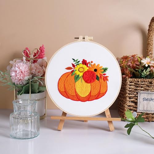 Image of Louise Maelys 3 Set Embroidery Kit for Beginners with Pumpkin Harvest | Fall Pumpkin Cross Stitch Kits For Seasonal Crafts. Needlepoint Kit Includes Fabric, Hoop, Threads, Needles and Guide