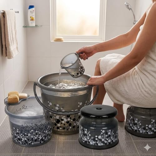 Image of AIR O MATIC Plastic Bathroom Set 06 Pieces Heavy Duty, Large Capacity (18 LTR Tub, 18 LTR Bucket, NOVA Patla Round, Tidy Dustbin 9 LTR, Mug 1LTR, Soap Case) Black