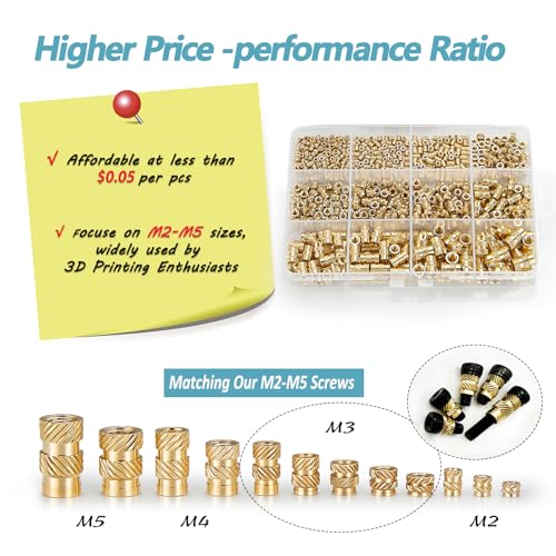 kadrick 520pcs m2 m3 m4 m5 threaded inserts assortment kit for 3d printing components metric brass knurled nuts insert by heat into plastic parts