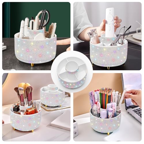 Image of Diesisa Bling Diamond 360 Makeup Brush Holder Organizer, Rotating Makeup Brush Organizer,5 Slot Make up Brushes Cup for Cosmetics, Vanity Desktop Organizer, Gift for Women Teen Girls- Diamond White