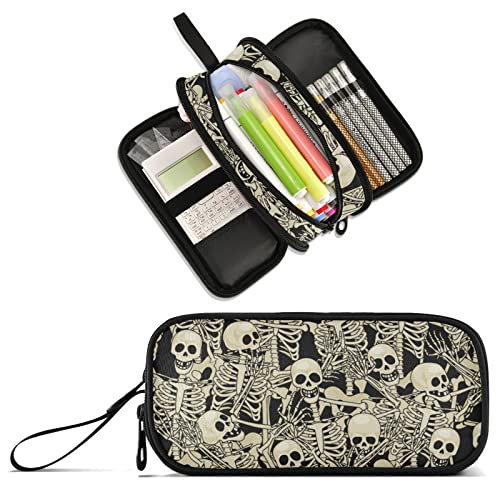 Image of Skeletons Large Capacity Pencil Case Pencil Pouch Pen Box | 3 Compartment Large Storage Pencil Bag for Adults School Office Teen Girl Boy Men Women