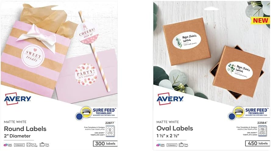 Avery Printable Round & Oval Labels, 2" & 1.5" Sizes, Matte White, 750 Customizable Labels