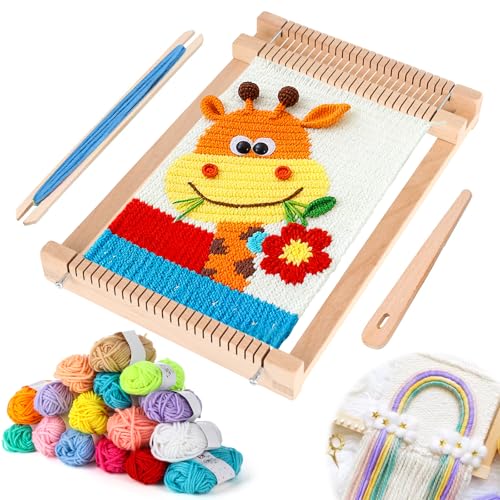 Kigift Webrahmen Kinder, 29×19cm, Webstuhl für Kinder ab 4 Jahre, Holz Webstuhl Set, Webrahmen für Schüler und Anfänger, Herstellung Handgefertigter Werke, mit 16 Farben Strickgarn und Zubehör