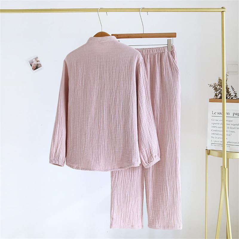 Shanghai Story Gauze Pajamas Set Cotton Solid Long Sleeve Sleepwear Stand Collar Button Down Loungewear Pants Pjs3