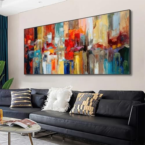 Peinture murale abstraite coloree 50x100 cm avec cadre toile texturee salon