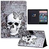 RASUNE Case for Kindle Fire 7 Tablet, Premium PU Leather Shockproof Folio Slim Lightweight Wallet Case for Amazon Kindle Fire 7 (9th/7th/5th Generation,2019/2017/2015 Released) -Skull