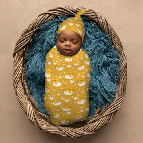 Image of Lovely Duck Heads and Heart Newborn Swaddle Blankets Hat Sets Soft Baby Receiving Blanket Swaddle Sack for Baby Shower Infant Boy Girl Gift