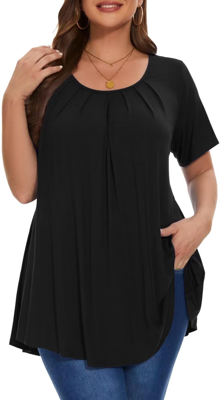 MONNURO Womens Summer Tops Plus Size Tops Short Sleeve Pleated Shirts Swing Blouse Tunic Tops for Curvy Women - Image 4