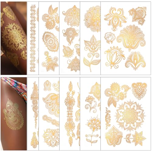 Molain 10Sheets Gold Temporary Tattoos Metallic Flash Tattoos for Women Adults Waterproof Glitter Long Lasting Fake Tattoos for Festival Vacation Party Wedding