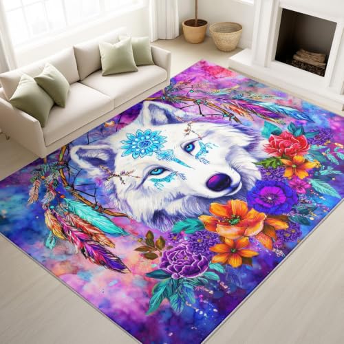 Alfombra de dormitorio de lobo blanco y bosque colorido, tapete de franela para suelo interior 5