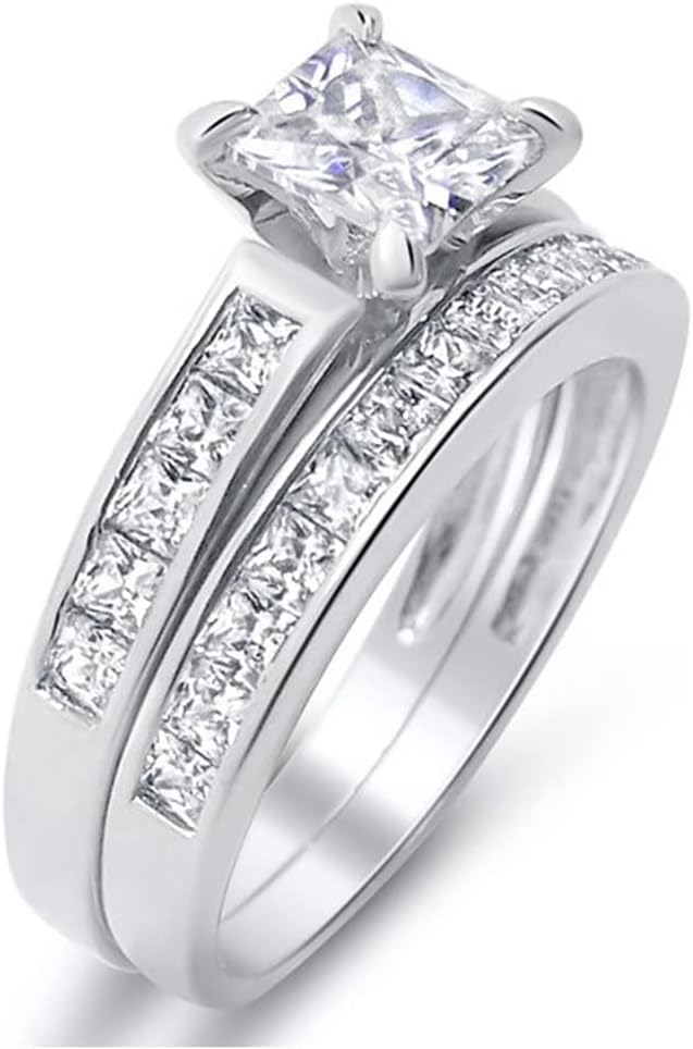 Princess Cut Wedding Ring Sets for Women White Gold 1 Carat Center Moissanite Bridal Sets Wedding Rings Engagement Ring Set Platinum Plated Silver 10K 14K 18K Gold with Text Engraving (14K Gold)