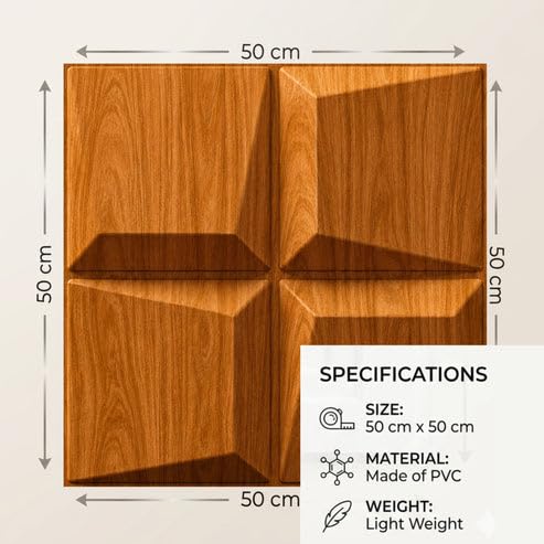 Image of Kayra Decor 3D PVC Wall Panels for Bedroom & Living Room | Cube Design | Teak Wood Color | 19.7 x 19.7 Inch | Pack of 40 | 107.6 Sq Ft