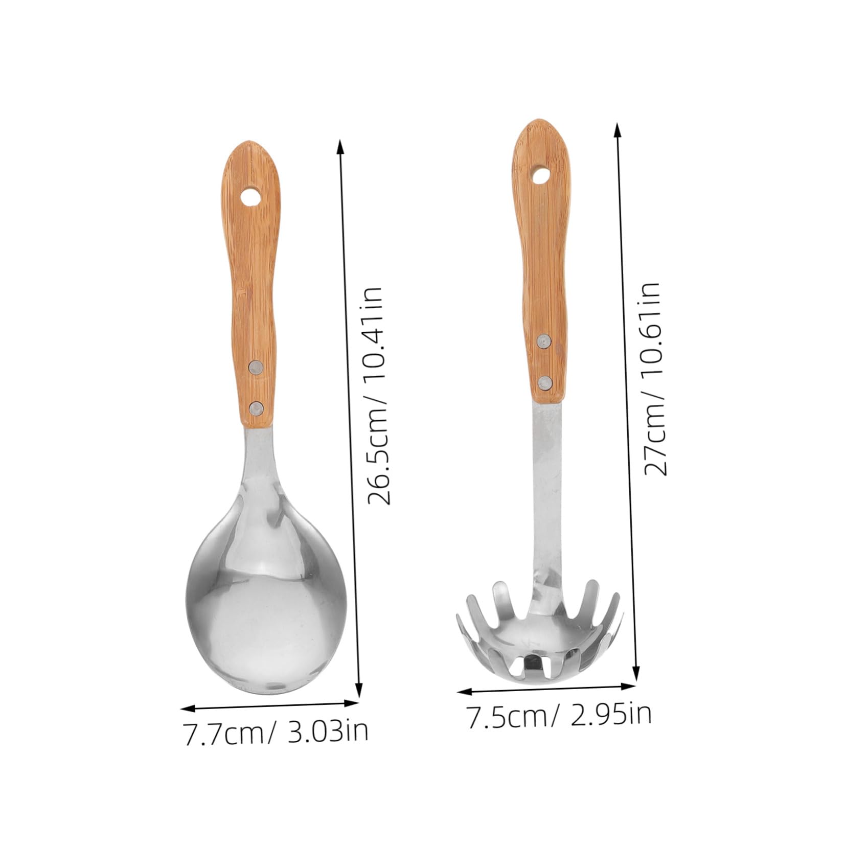 5 Pezzi Utensili in Acciaio Inossidabile con in Bamboo Cucchiai e Mestoli Forati per Insalata Zuppe e Pasta Resistenti e Antiruggine per Uso