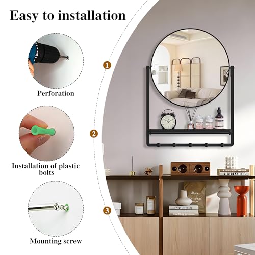 Miroir mural avec étagère rond noir 74 cm miroir entrée moderne