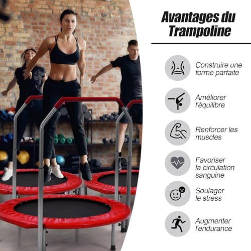 GYMAX Trampoline de Fitness Pliable avec Poignée Réglable à 4 Niveaux, Ressorts en Acier Renforcés, Couverture Rembourrée, Sac de Transport, Trampoline de Loisirs pour Adultes/Enfants (Rouge) – Image 3