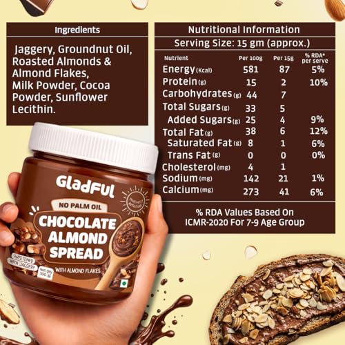 Image of Gladful Chocolate Almond Spread | 300g | No Palm Oil | No Refined Sugar | With Roasted Salted Almond Flakes | Clean Ingredients | Healthy Chocolatey Spread
