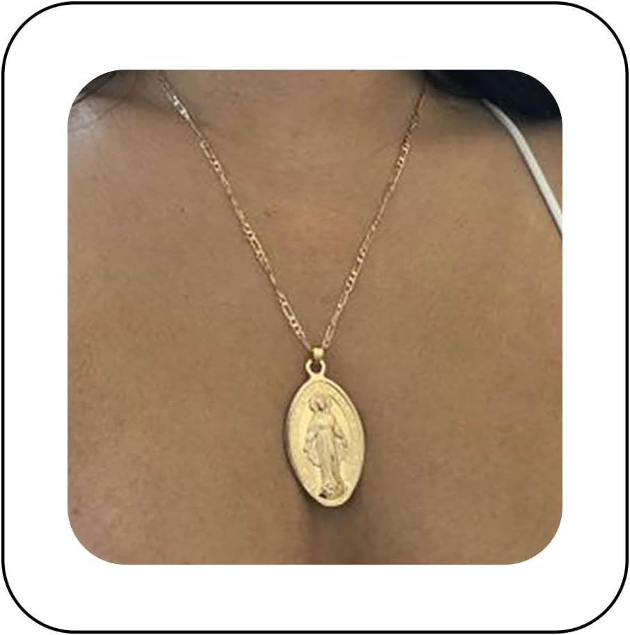 Boho Virgin Mary Pendant Necklace Vintage Medal Coin Choker Necklace Gold Oval Figaro Chain Necklace Gothic Religious Christian Necklace Chain Jewelry for Women and Girls
