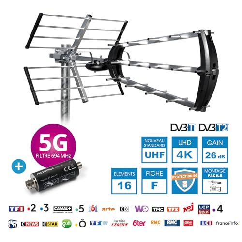 METRONIC 415054 Antenne d'Extérieur Trinappe 26 DB - Filtre 5G 694 MHz, Récéption TV TNT Signaux DVB-T / T2 - Montage Toit ou Combles - Compatible 4K UHD - Gris – vue 3