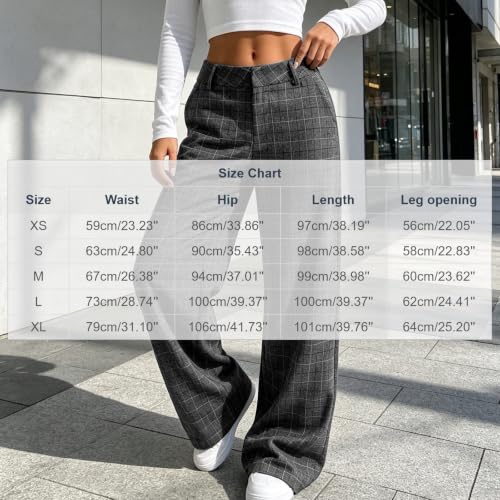 Womens Plaid Straight Leg Pants High Waist Pocket Checked Casual Trousers - image 4