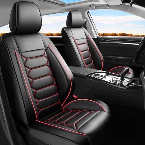 Image of Fit Sierra Car Seat Covers (Only Front 2 Seats) Compatible with GMC Sierra 1500 /2500 /3500 2000-2026-Full Coverage Breathable Leather, Airbag Compatible, Waterproof & All-Weather, Black+Red