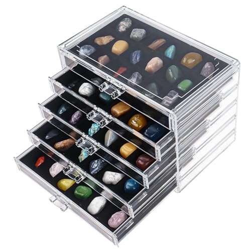 Dmnnlp Vitrine Rock à 5 tiroirs et 90 grilles en acrylique - Boîtes de rangement pour petits rochers, pierres précieuses fossiles - Bijoux de collection (noir)