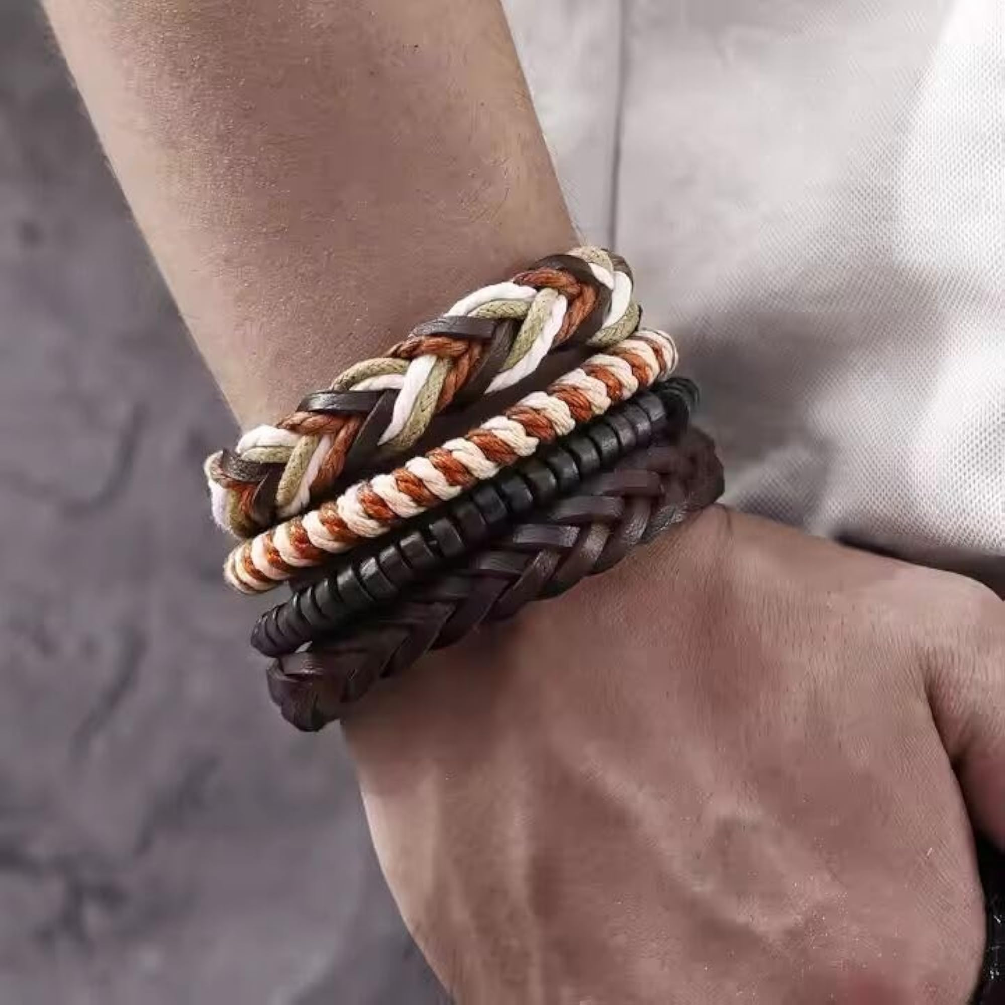 Genuine Braided Leather Bracelet Set of 4 for Boys