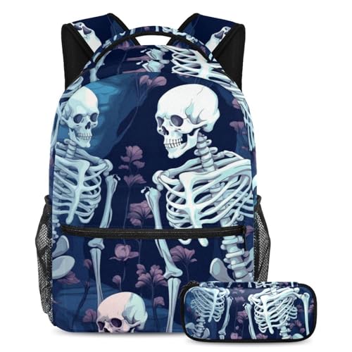Cartable squelette bleu cool avec sac à dos et trousse pour enfant taille L